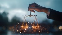 Glowing golden scales of justice held by hand against moody blue twilight background with magical sparkles and bokeh lights creating mystical atmosphere.