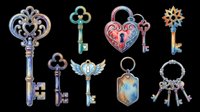 Ornate decorative keys isolated on transparent background, ready for t-shirt design, clipart, stickers, sublimation, and print-on-demand products. Fantasy-style key collection featuring vintage and magical designs.