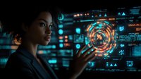 Young African American woman interacting with futuristic holographic interface display in dark room with cyan blue technology visualization and digital elements.