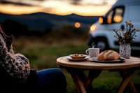 Cozy evening camping scene with coffee cup, fresh bread and wildflowers on wooden table against sunset backdrop and camper van silhouette in nature setting.