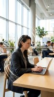 Professional businesswoman working on laptop in modern office space with innovation flow energy visualization representing entrepreneurial spirit and creativity.