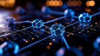 Glowing blue molecular structures connected by lines on dark background with bokeh lights, representing network connections and scientific visualization.
