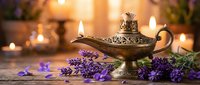 Ornate brass oil lamp with flickering flame surrounded by fresh lavender sprigs and glowing candles creating warm ambient lighting for aromatherapy and relaxation.