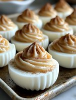 Deviled eggs with creamy caramel mousse topping and cinnamon dust, arranged on a rustic serving platter for elegant appetizers and gourmet entertaining.