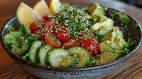 Fresh poke bowl with raw tuna, cucumber, avocado and mixed greens garnished with sesame seeds and citrus wedges in ceramic bowl on wooden surface.
