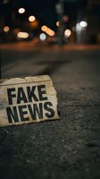 Fake news cardboard sign on urban street at night with blurred city lights bokeh background representing misinformation and media manipulation concepts.