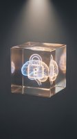 Transparent glass cube with glowing jellyfish-like organisms suspended inside, illuminated by soft light against dark background. Suitable for science, technology, and futuristic design projects.