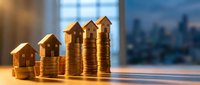 Real estate investment growth concept with golden house shaped stacks of coins arranged in ascending order, symbolizing property value appreciation and wealth building opportunities.