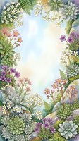 Watercolor floral frame with purple, pink, and white wildflowers, succulents, and ferns surrounding a soft pastel copy space center.