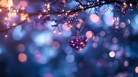 Crystal heart pendant hanging from blooming tree branch against dreamy bokeh background in pink and blue tones, romantic Valentine's day composition.
