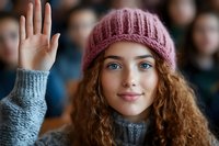 Young Caucasian woman with curly red hair wearing burgundy knit beanie and gray sweater raises hand to participate, showing friendly smile and confident expression.