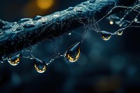 Macro photography of water drops on spider web in dark blue tones, with golden bokeh reflections creating magical natural abstract composition. For nature and art prints.