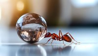 Red ant exploring crystal glass sphere on reflective surface with soft bokeh background, macro photography showing intricate details and natural curiosity of insects.