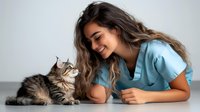 Young female veterinarian in blue scrubs smiling while examining adorable tabby kitten on white table in modern clinic for pet care and animal health.