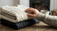 Woman's hand touching stack of cozy knitted sweaters on wooden table in warm home interior. Seasonal wardrobe organization and textile shopping concept.