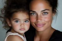 Close up portrait of mixed race mother and young daughter with striking blue eyes, natural makeup, and genuine smiles against dark background, showing family bond.