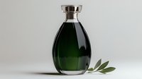 Elegant green glass bottle with olive branch on light background, minimalist luxury cosmetic or fragrance packaging design for spa and wellness products.