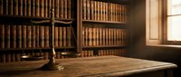 Vintage brass scales of justice on wooden desk in traditional law library with leather-bound books and warm sunlight streaming through window.