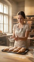 Woman baker dusting fresh croissants with powdered sugar in rustic kitchen with natural light, ideal for bakery and culinary content.