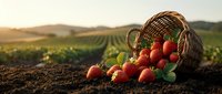 Fresh ripe strawberries spilling from wicker basket in agricultural field during golden hour sunset with vineyard rows in background for organic farming.