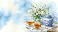 Watercolor tea time scene with blue and white teapot, two glass cups of hot tea, and white flowers in a vase on a soft blue background.
