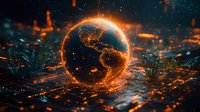 Glowing orange Earth hologram with sparks and particles floating in dark space environment, digital global technology concept with dramatic lighting.