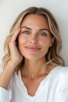 Young Caucasian woman with blonde wavy hair and natural makeup smiling warmly while touching face, wearing white blouse against light background. Gentle beauty portrait.
