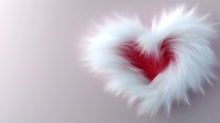 Fluffy white faux fur heart shape with red center on soft pink background, romantic Valentine's day concept for greeting cards and love messages.