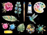 Watercolor art supplies and botanical elements collection isolated on transparent background, ready for clipart, t-shirt design, stickers, print-on-demand products and sublimation projects.
