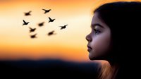 Young girl silhouette against orange sunset sky with flying birds, side view portrait showing contemplative expression and long dark hair in dramatic lighting.