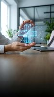 Female hands holding a glowing holographic medical cross symbol in a modern office, representing digital healthcare innovation and future medicine.