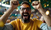 Excited bearded man in yellow t-shirt and glasses celebrating victory with raised fists amid falling golden confetti. Joyful expression captures authentic moment of success.