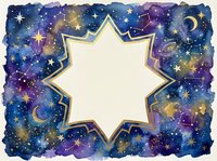 Watercolor cosmic star frame with galaxy background, golden stars and crescent moons. Celestial border design for invitations, cards and decorative projects.