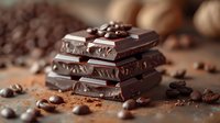 Dark chocolate pieces stacked with coffee beans and cocoa powder scattered around on rustic wooden surface, macro food photography with selective focus.