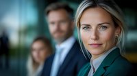 Professional businesswoman in green blazer with confident expression and colleagues in background, modern corporate office setting for leadership concepts.