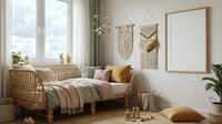 Cozy boho nursery with rattan daybed, macrame wall hangings, neutral textiles and natural light streaming through windows creating warm atmosphere.