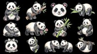 Cute watercolor panda bear clipart set, isolated on transparent background. Multiple poses with bamboo, flowers, and cubs. Great for stickers, t-shirt design, and print on demand.