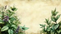 Vintage botanical frame with green leaves and purple berries on aged parchment background for natural design projects and herbal themed layouts.