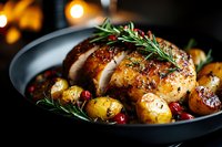 Succulent roasted chicken breast garnished with fresh rosemary sprigs, baby potatoes and cranberries served on dark plate with moody lighting and selective focus.