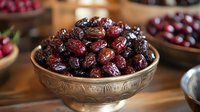 Fresh organic medjool dates in traditional bronze bowl on wooden table, surrounded by cranberries and other dried fruits, natural food photography.