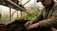 Senior gardener planting seeds in greenhouse with natural lighting, organic farming and sustainable agriculture concept for spring cultivation.