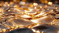 Liquid gold abstract background with rippling waves and bokeh light effects creates luxurious metallic texture with flowing movement and shimmering highlights.