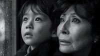 Asian grandmother and granddaughter looking through rainy window with contemplative expressions, dramatic black and white portrait capturing generational bond and emotion.