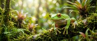 Vibrant green tree frog perched on moss-covered branch in lush tropical rainforest with soft bokeh lighting and natural jungle habitat background.