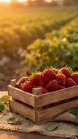 Fresh ripe strawberries in wooden crate on burlap cloth at sunset farm field with golden light rays creating warm agricultural harvest atmosphere.
