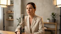 Professional middle-aged Caucasian businesswoman in beige suit recording podcast or radio show with studio microphone in modern office interior.