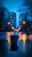Coffee cup on wet asphalt reflecting city lights at dusk, moody blue urban atmosphere with bokeh lights and silhouettes of buildings in background.