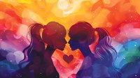 Romantic silhouettes of two women in love against vibrant rainbow background with heart shape and bokeh lights, celebrating LGBTQ+ relationship and diversity.