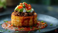Grilled polenta cake topped with seasoned meat, fresh diced tomatoes, cucumber, and herbs on tomato sauce base, served on dark plate. Fine dining presentation.