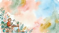 Freelancer working at wooden desk surrounded by potted plants and foliage, watercolor illustration with soft pastel colors, suitable for remote work, productivity, and creative workspace concepts.